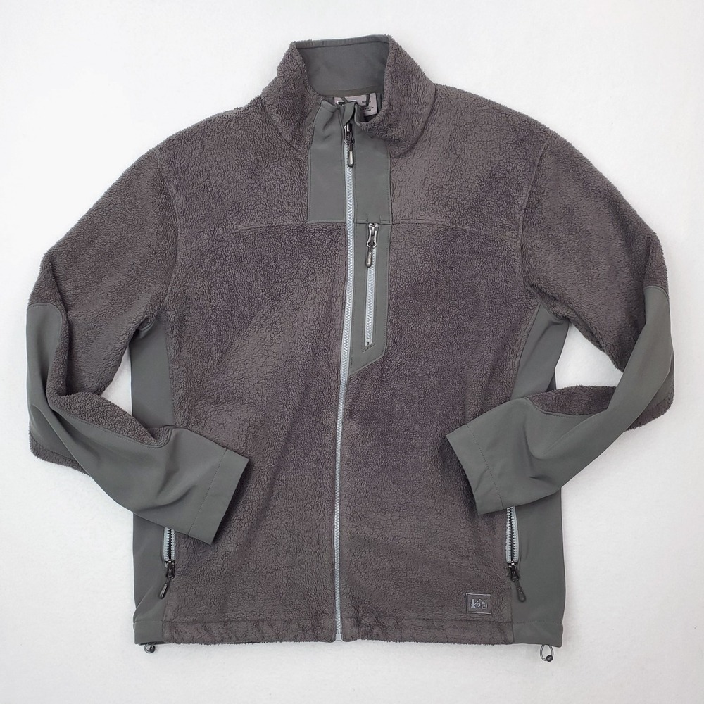 REI Jacket Mens Large Gray Fleece Coat Sherpa Outdoor Hiking